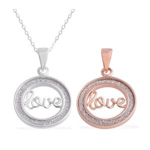 Stardust LOVE Pendants Set of 2 With Chain in Silver and Rose Gold Colors Bling